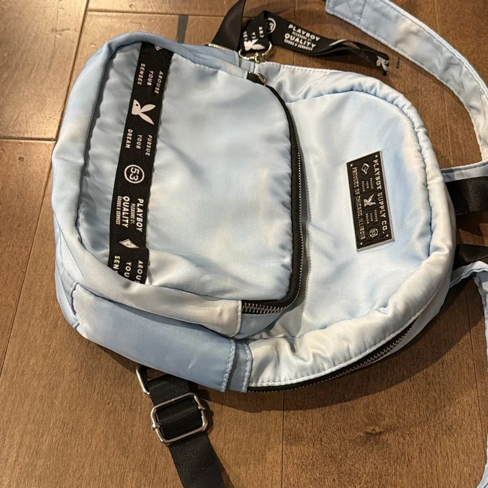 Playboy Blue Nylon Backpack Everyday Travel Daypack Bookbag Adjustable Strap